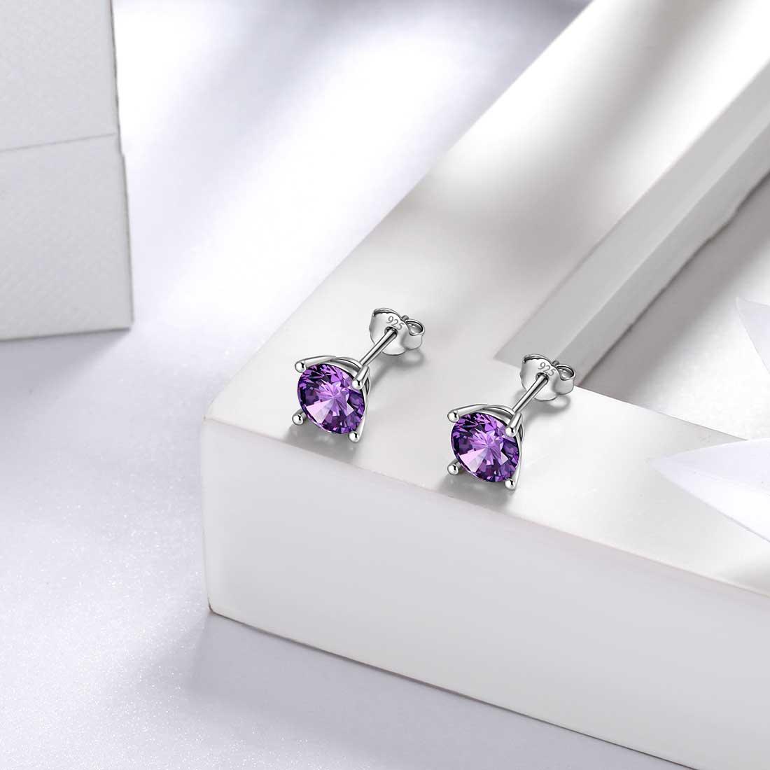 Tokyo Mart Ohrringe mit rundem Geburtsstein, Amethyst, für Damen und Mädchen, Sterling-Silber 925