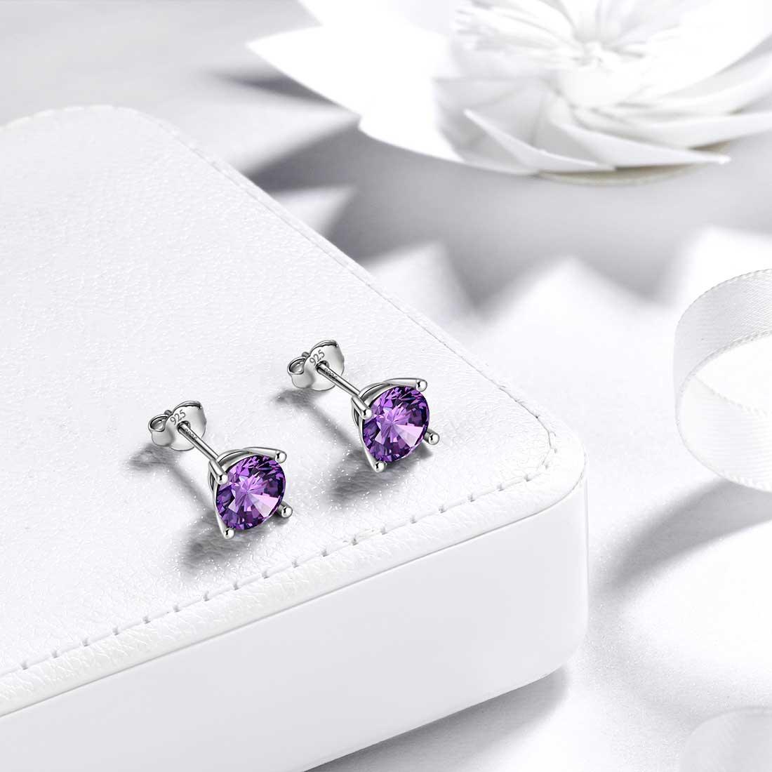 Tokyo Mart Ohrringe mit rundem Geburtsstein, Amethyst, für Damen und Mädchen, Sterling-Silber 925