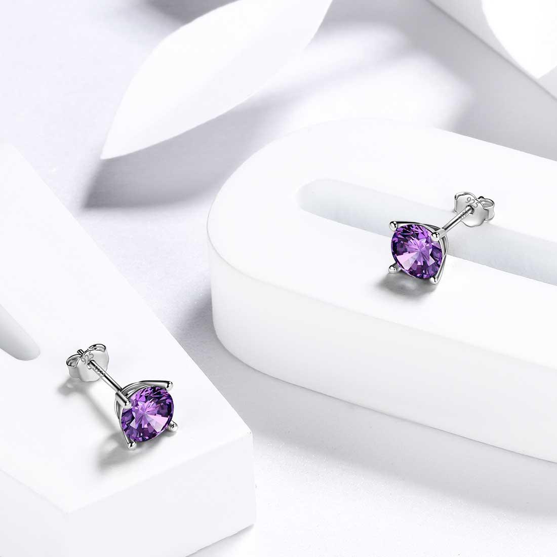 Tokyo Mart Ohrringe mit rundem Geburtsstein, Amethyst, für Damen und Mädchen, Sterling-Silber 925