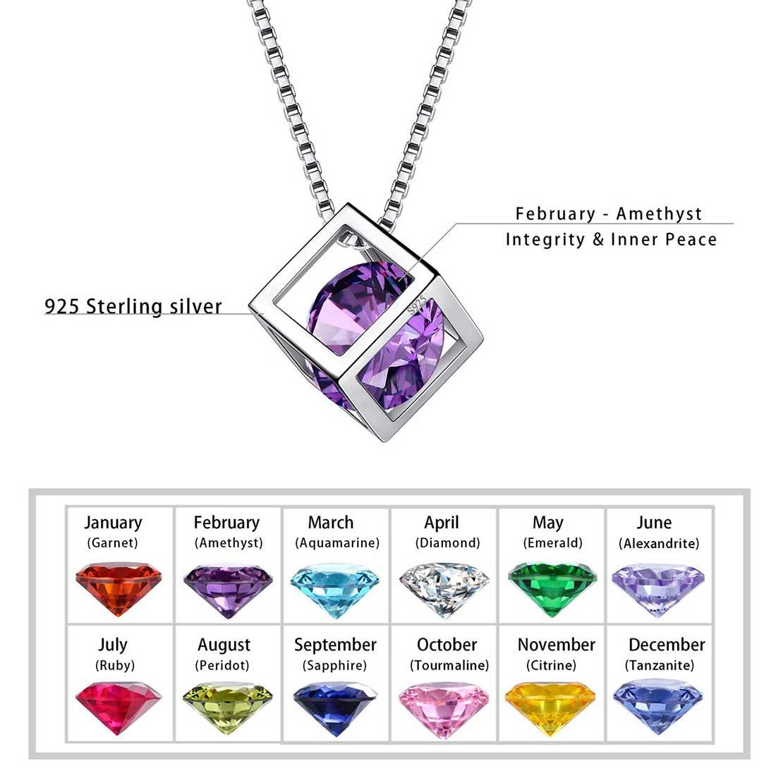 Tokyo Mart 3D Cube Birthstone February Amethyst Necklace Pendant Women Girls Jewelry Birthday Gift Sterling Silver