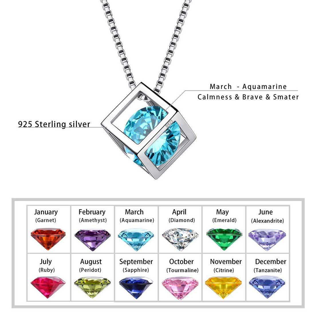 Tokyo Mart 3D Cube Birthstone March Aquamarine Necklace Pendant Women Girls Jewelry Birthday Gift Sterling Silver