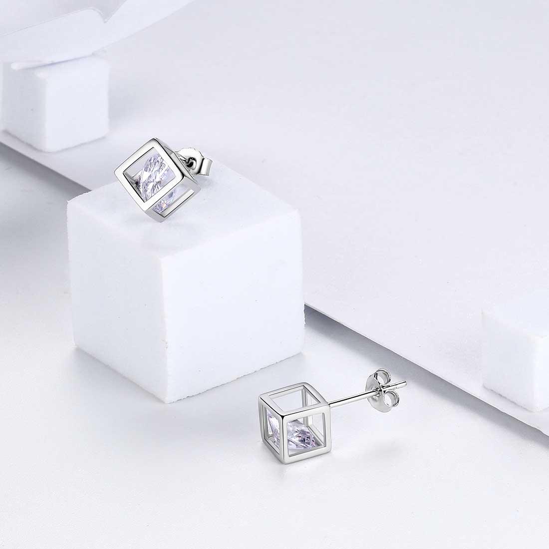 Tokyo Mart 3D Cube Birthstone April Diamond Earrings Stud Women Girls Jewelry Birthday Gift Sterling Silver