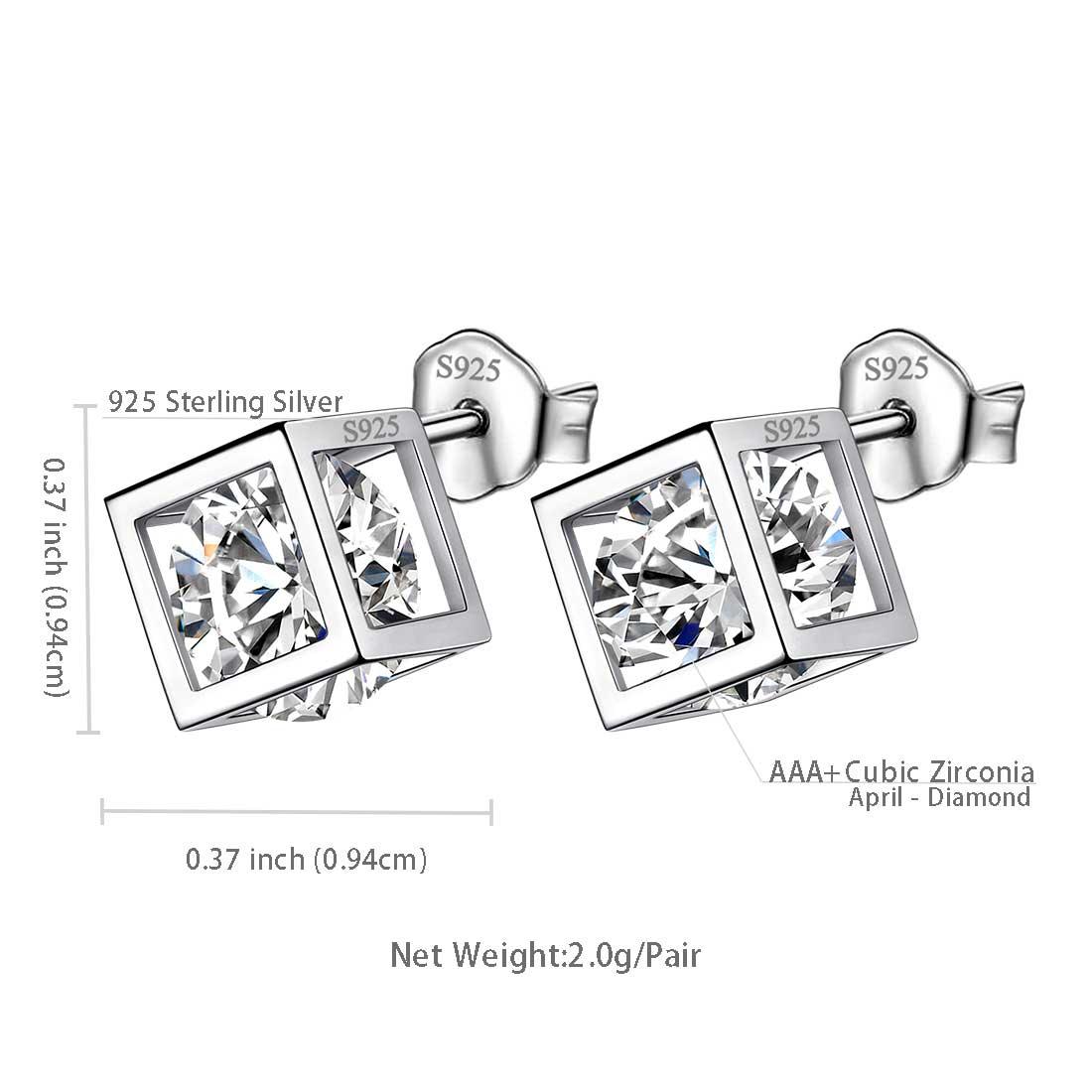 Tokyo Mart 3D Cube Birthstone April Diamond Earrings Stud Women Girls Jewelry Birthday Gift Sterling Silver