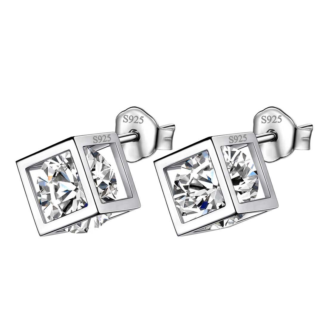 Tokyo Mart 3D Cube Birthstone April Diamond Earrings Stud Women Girls Jewelry Birthday Gift Sterling Silver