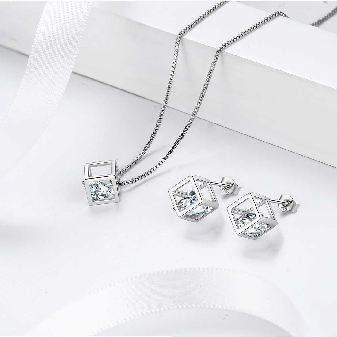 Tokyo Mart 3D Cube Birthstone April Diamond Jewelry Set 3PCS Women Girls Birthday Gift