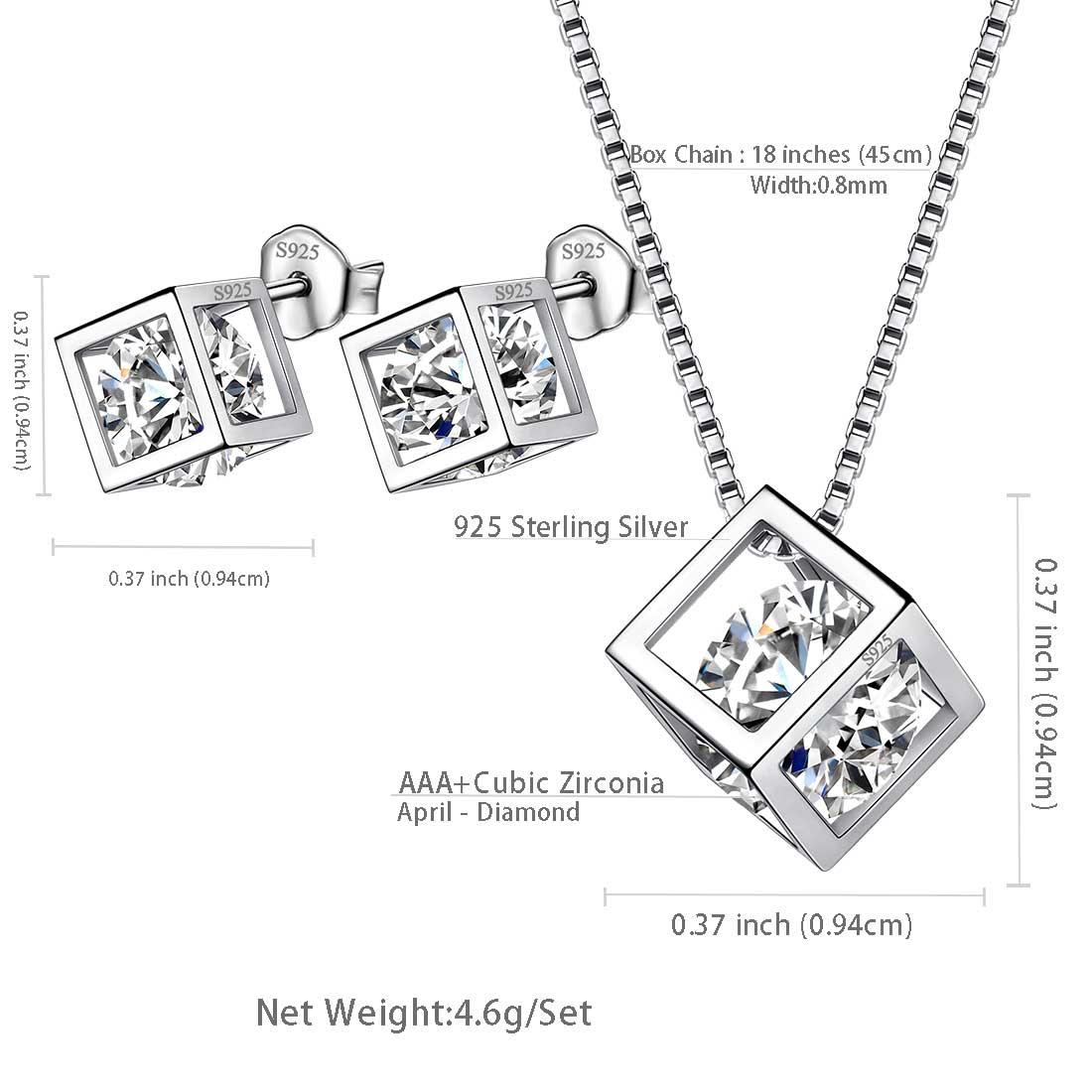 Tokyo Mart 3D Cube Birthstone April Diamond Jewelry Set 3PCS Women Girls Birthday Gift