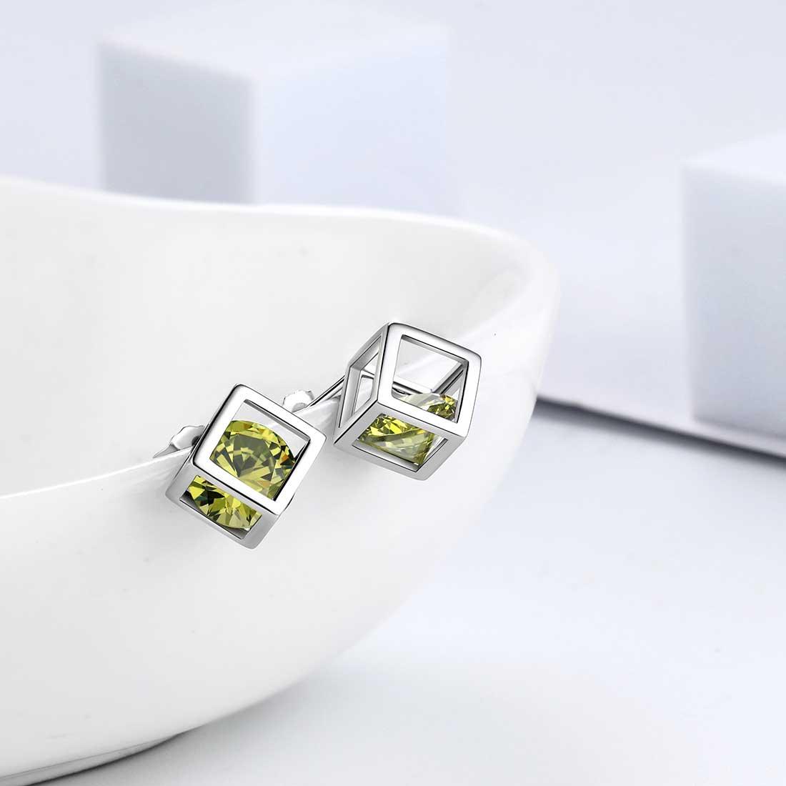 Tokyo Mart 3D Cube Birthstone August Peridot Earrings Stud Women Girls Jewelry Birthday Gift Sterling Silver