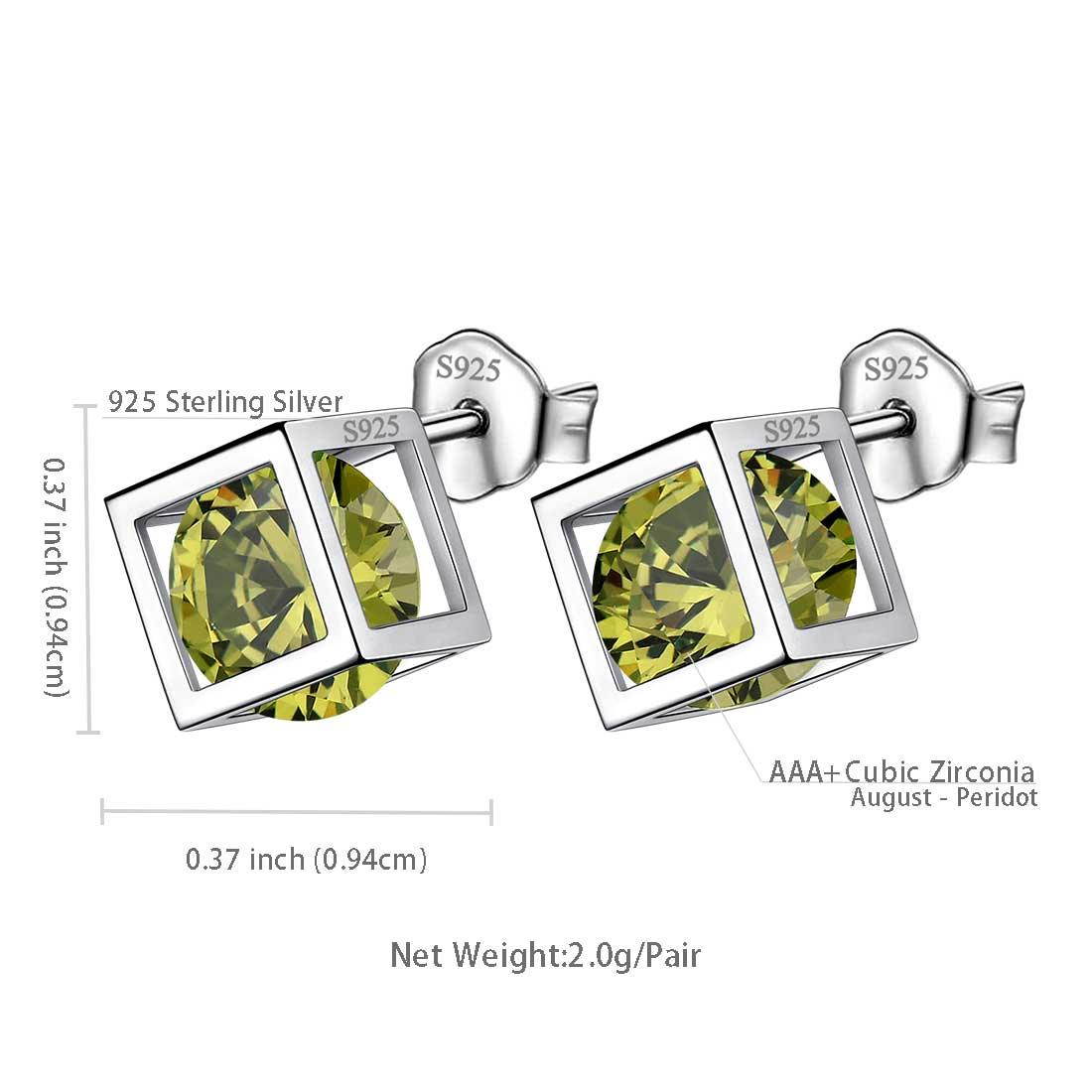 Tokyo Mart 3D Cube Birthstone August Peridot Earrings Stud Women Girls Jewelry Birthday Gift Sterling Silver