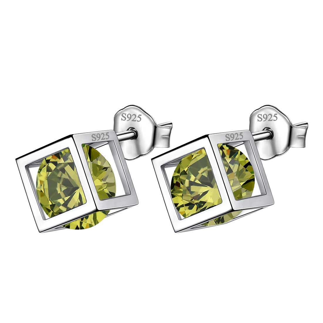 Tokyo Mart 3D Cube Birthstone August Peridot Earrings Stud Women Girls Jewelry Birthday Gift Sterling Silver