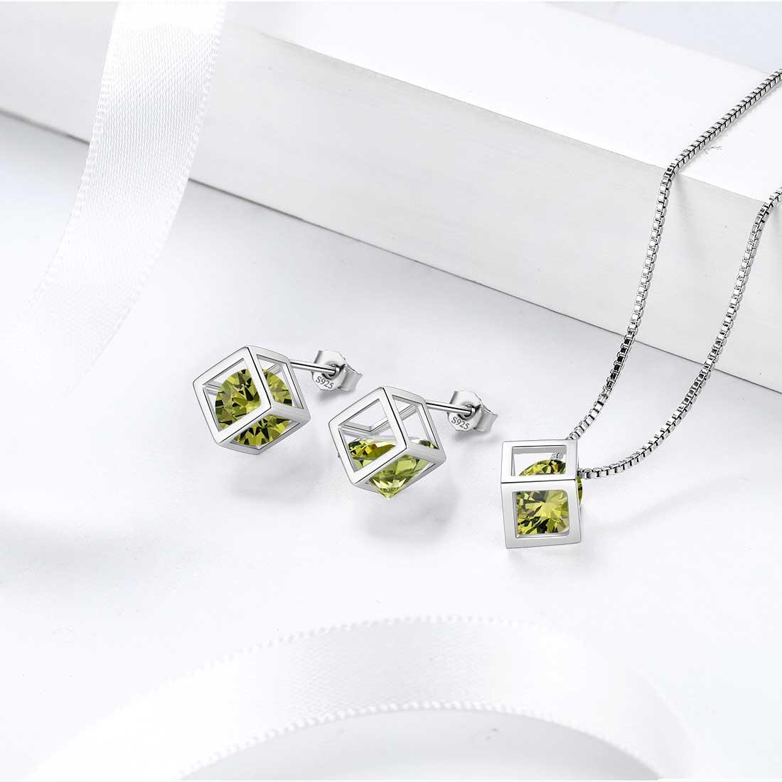 Tokyo Mart 3D-Würfel-Schmuckset mit Peridot-Geburtsstein für August, 3-teilig, Geschenk für Frauen und Mädchen