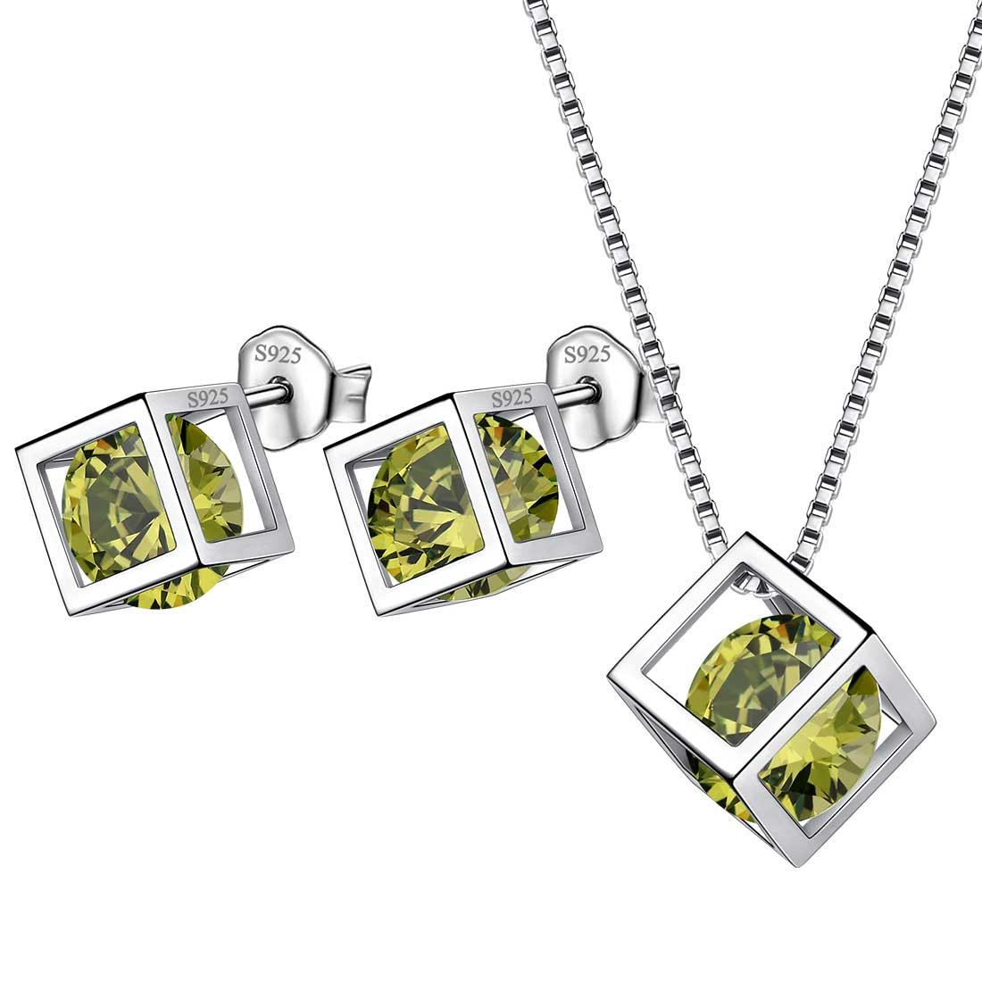 Tokyo Mart 3D-Würfel-Schmuckset mit Peridot-Geburtsstein für August, 3-teilig, Geschenk für Frauen und Mädchen