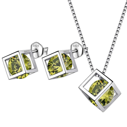 Tokyo Mart 3D Cube Birthstone August Peridot Jewelry Set 3PCS Women Girls Birthday Gift