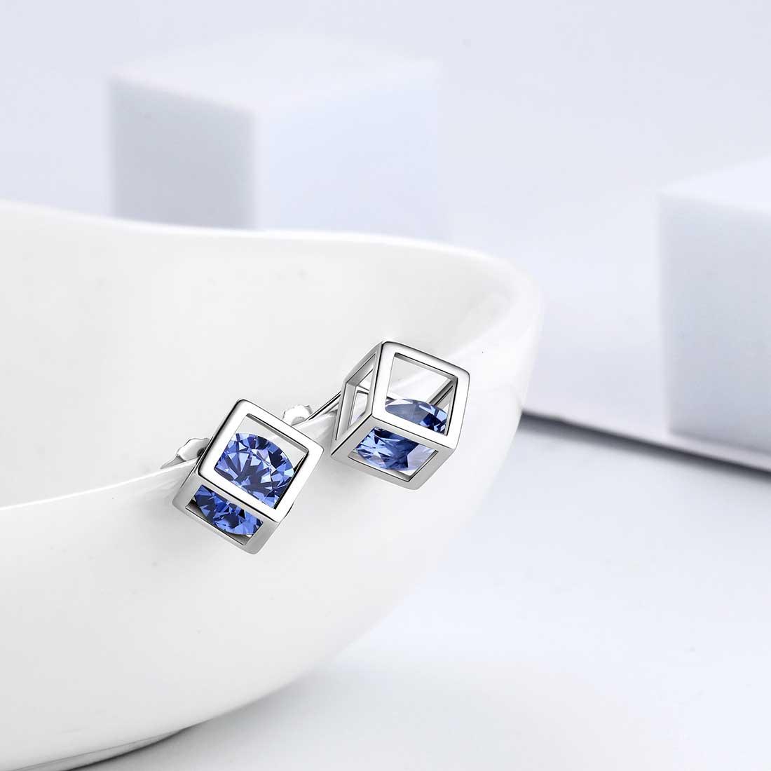 Tokyo Mart 3D Cube Birthstone December Tanzanite Earrings Stud Women Girls Jewelry Birthday Gift Sterling Silver