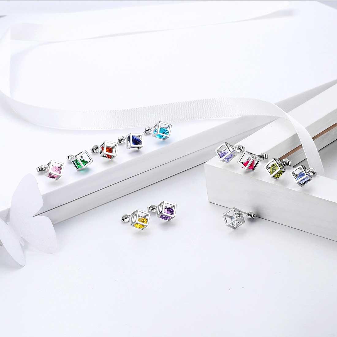 Tokyo Mart 3D Cube Birthstone April Diamond Earrings Stud Women Girls Jewelry Birthday Gift Sterling Silver