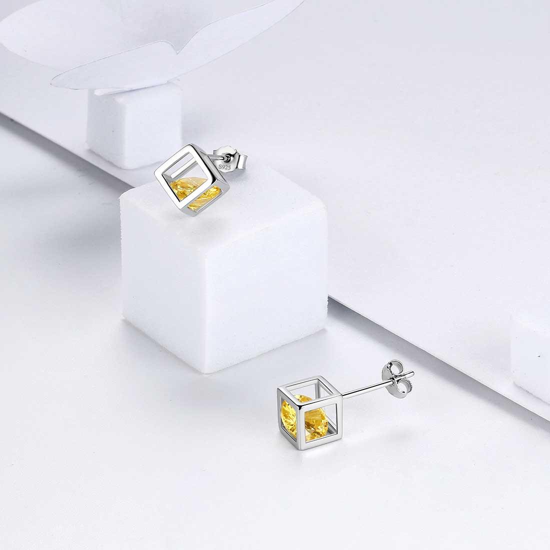 Tokyo Mart 3D Cube Birthstone November Citrine Earrings Stud Women Girls Jewelry Birthday Gift Sterling Silver