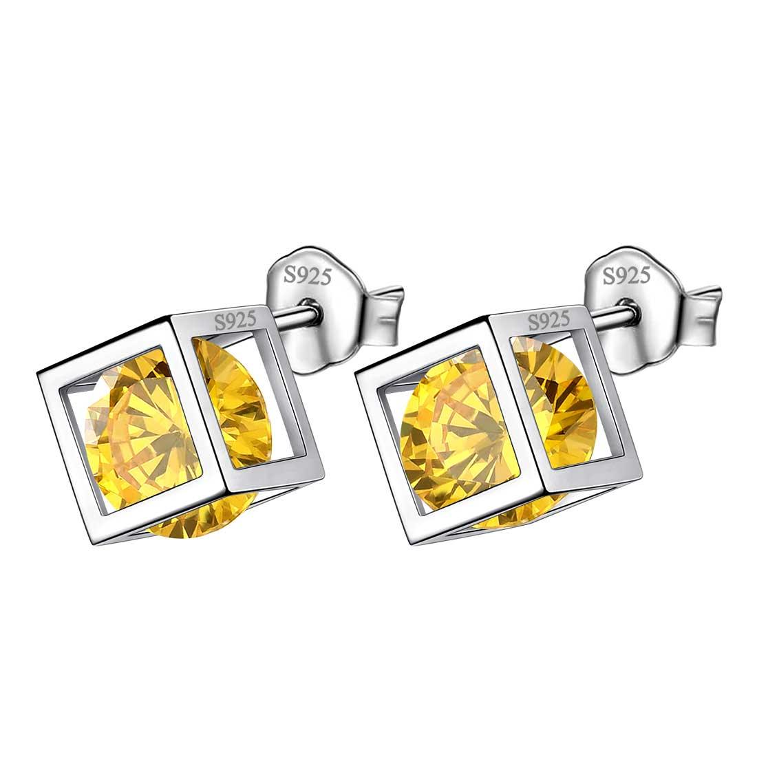 Tokyo Mart 3D Cube Birthstone November Citrine Earrings Stud Women Girls Jewelry Birthday Gift Sterling Silver