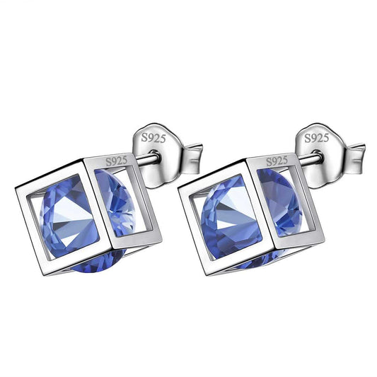 Tokyo Mart 3D Cube Birthstone December Tanzanite Earrings Stud Women Girls Jewelry Birthday Gift Sterling Silver