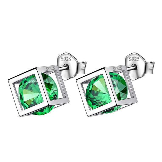 Tokyo Mart 3D Cube Birthstone May Emerald Earrings Women Girl Jewelry Gift Sterling Silver