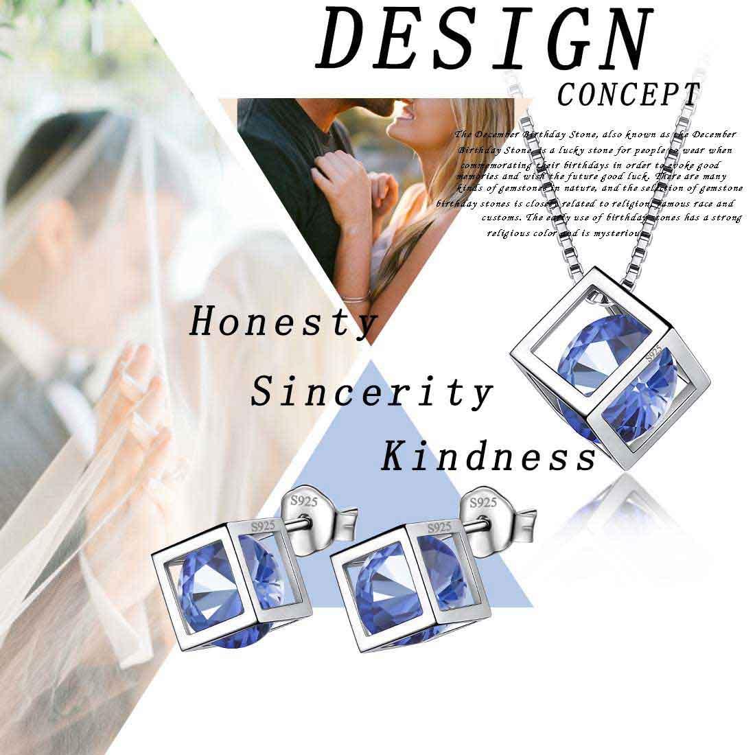 Tokyo Mart 3D Cube Birthstone December Tanzanite Jewelry Set 3PCS Women Girls Birthday Gift