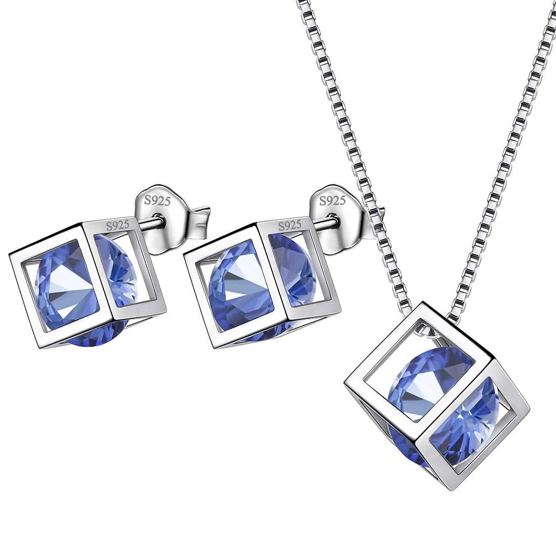 Tokyo Mart 3D Cube Birthstone December Tanzanite Jewelry Set 3PCS Women Girls Birthday Gift