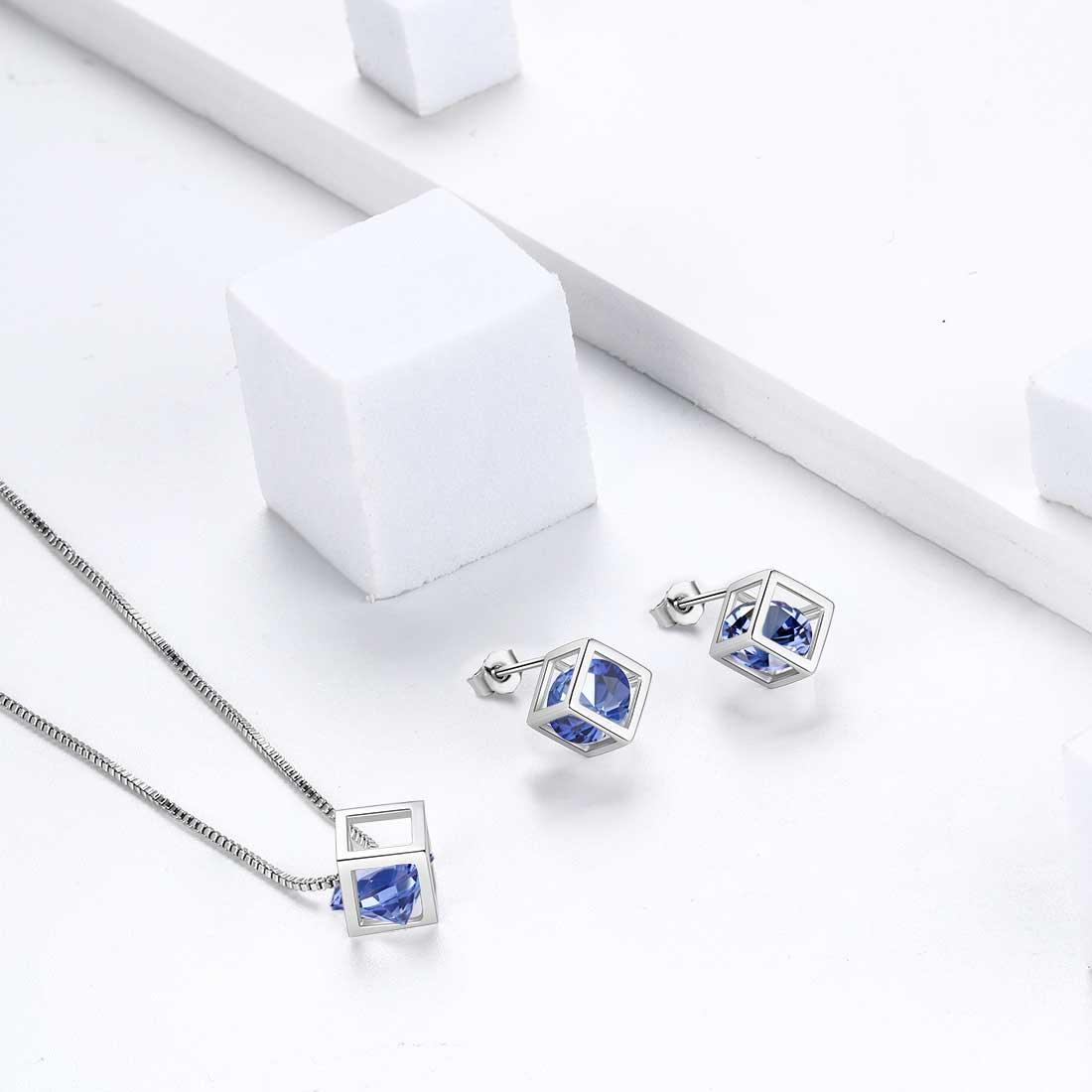 Tokyo Mart 3D Cube Birthstone December Tanzanite Earrings Stud Women Girls Jewelry Birthday Gift Sterling Silver