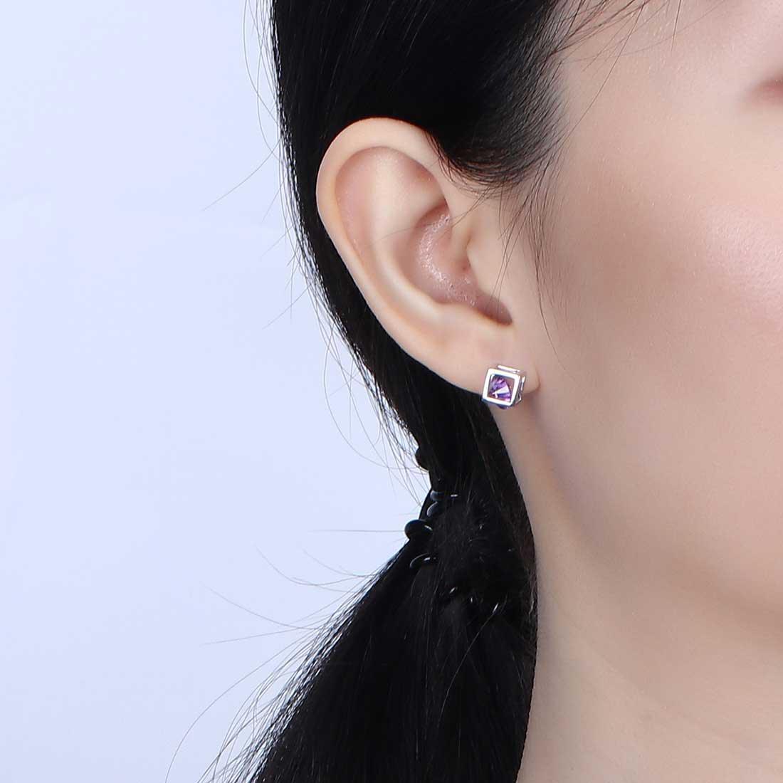 Tokyo Mart 3D-Würfel-Ohrstecker mit Geburtsstein für Februar, Amethyst, Ohrstecker für Damen und Mädchen, Schmuck, Geburtstagsgeschenk, Sterlingsilber