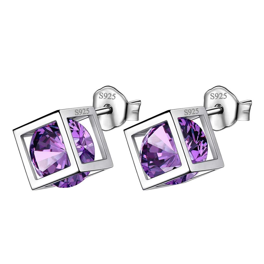 Tokyo Mart 3D-Würfel-Ohrstecker mit Geburtsstein für Februar, Amethyst, Ohrstecker für Damen und Mädchen, Schmuck, Geburtstagsgeschenk, Sterlingsilber