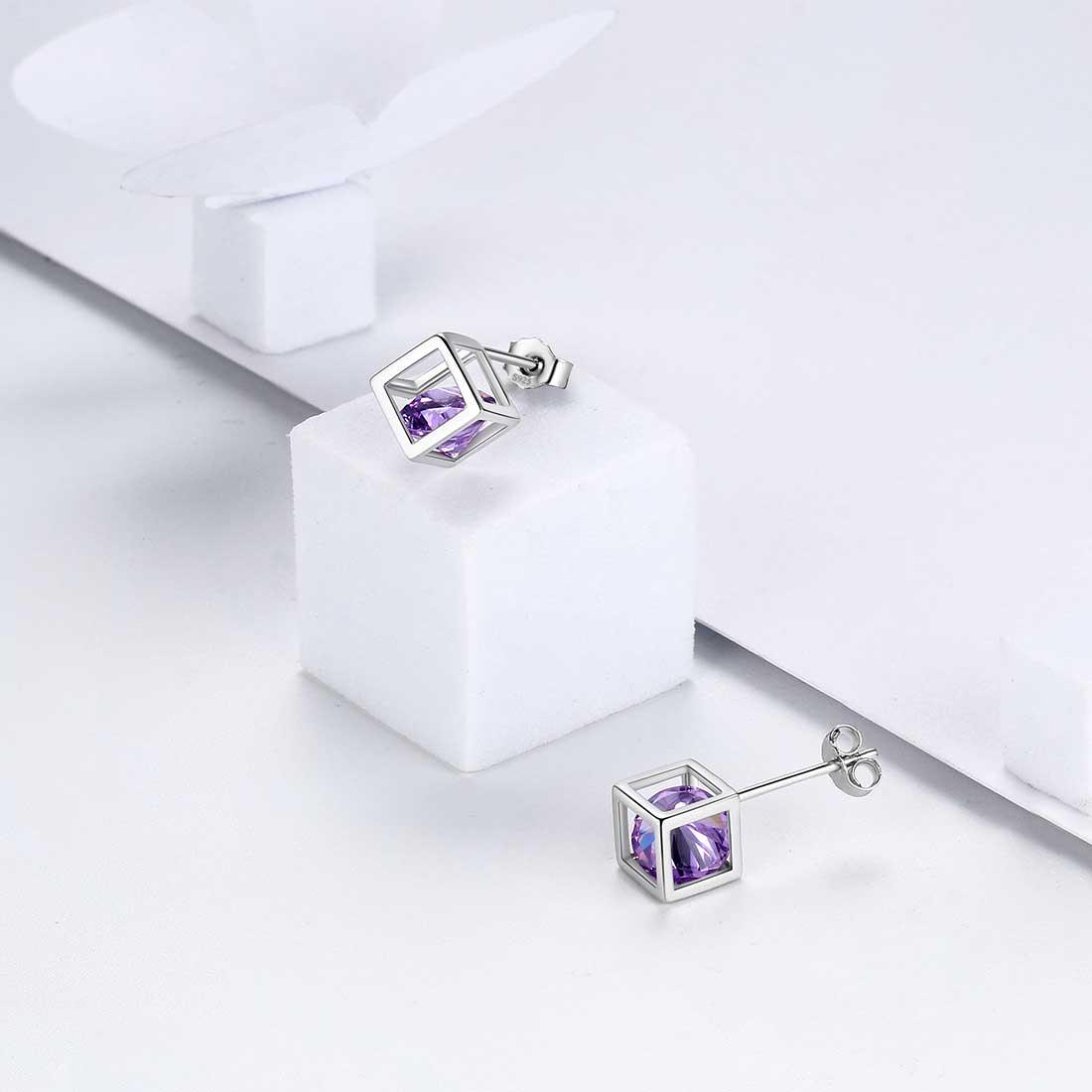 Tokyo Mart 3D-Würfel-Ohrstecker mit Geburtsstein für Februar, Amethyst, Ohrstecker für Damen und Mädchen, Schmuck, Geburtstagsgeschenk, Sterlingsilber