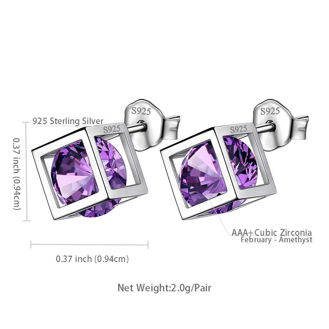 Tokyo Mart 3D-Würfel-Ohrstecker mit Geburtsstein für Februar, Amethyst, Ohrstecker für Damen und Mädchen, Schmuck, Geburtstagsgeschenk, Sterlingsilber