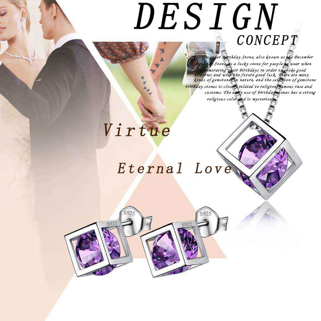 Tokyo Mart 3D-Würfel-Schmuckset mit Geburtsstein für Februar, Amethyst, 3-teilig, Geschenk für Frauen und Mädchen