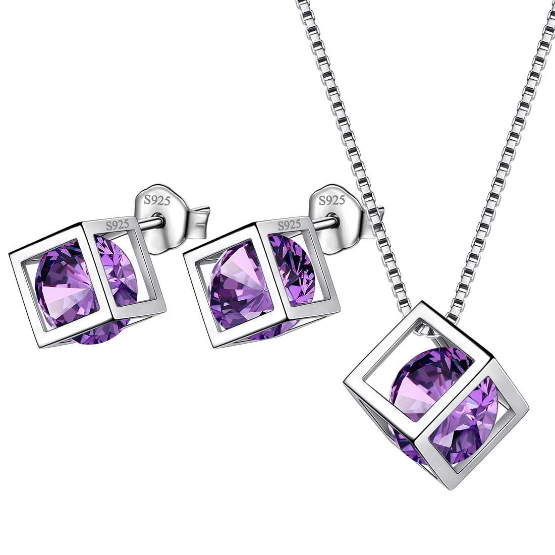 Tokyo Mart 3D-Würfel-Schmuckset mit Geburtsstein für Februar, Amethyst, 3-teilig, Geschenk für Frauen und Mädchen