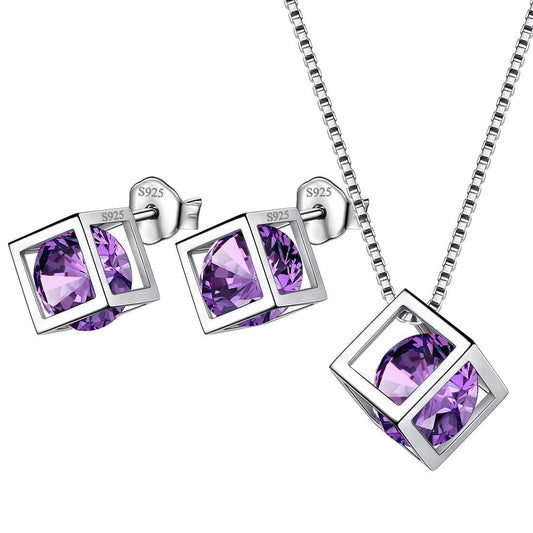 Tokyo Mart 3D Cube Birthstone February Amethyst Jewelry Set 3PCS Women Girls Birthday Gift