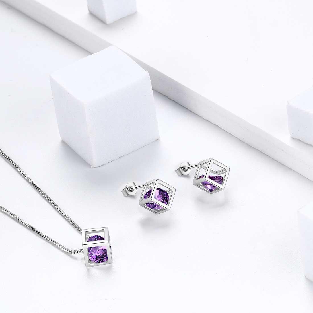 Tokyo Mart 3D-Würfel-Schmuckset mit Geburtsstein für Februar, Amethyst, 3-teilig, Geschenk für Frauen und Mädchen