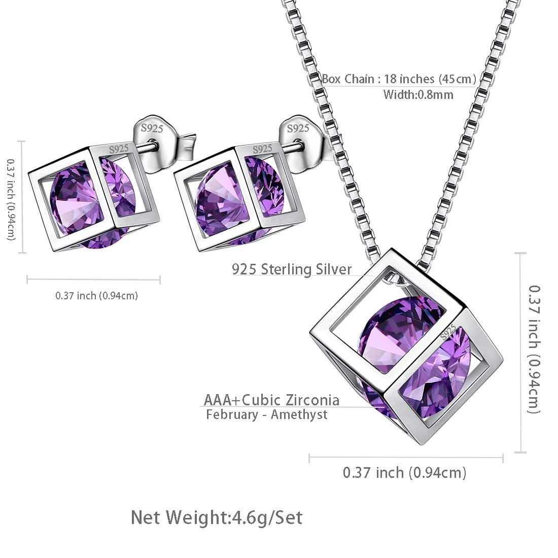 Tokyo Mart 3D-Würfel-Schmuckset mit Geburtsstein für Februar, Amethyst, 3-teilig, Geschenk für Frauen und Mädchen