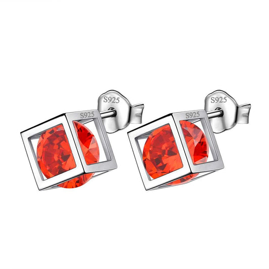 Tokyo Mart 3D Cube Birthstone January Garnet Earrings Stud Women Girls Jewelry Birthday Gift Sterling Silver