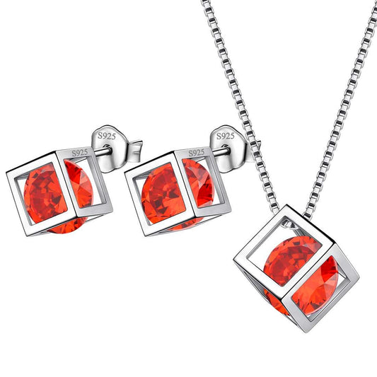 Tokyo Mart 3D Cube Birthstone January Garnet Jewelry Set 3PCS Women Girls Birthday Gift