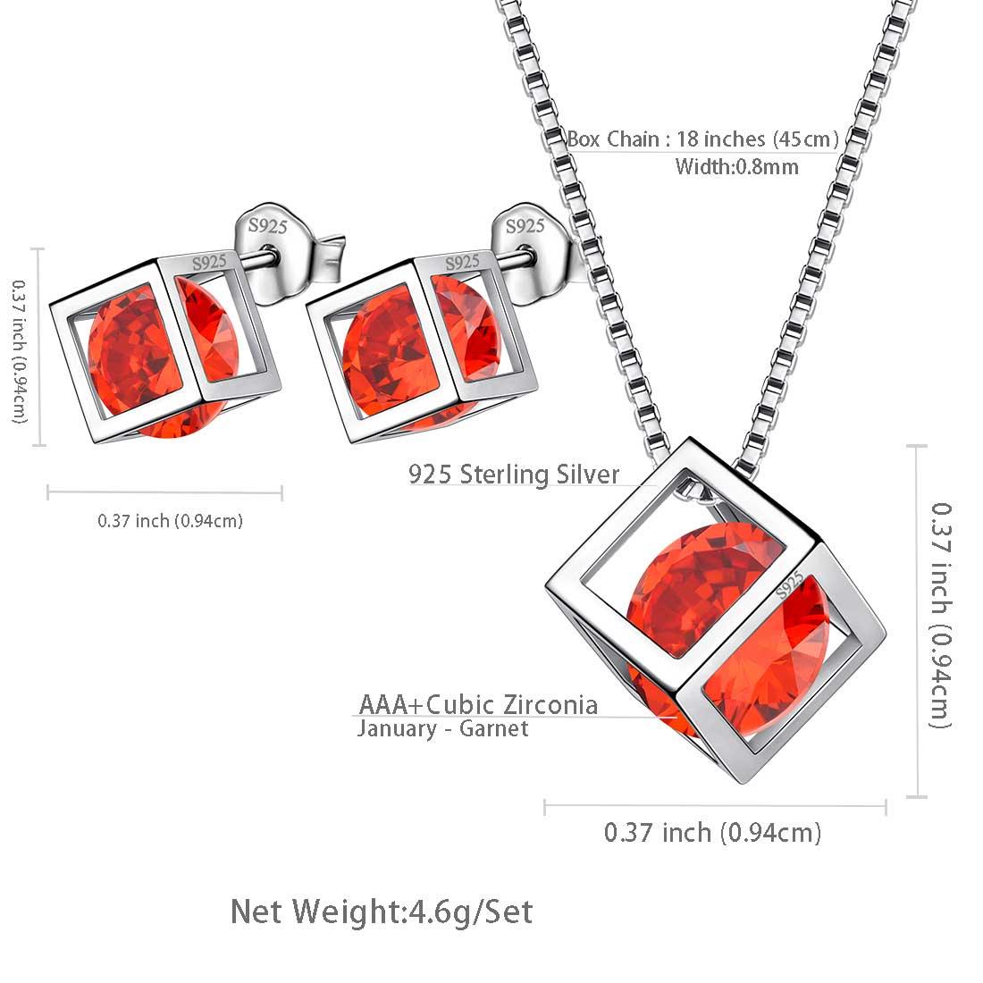 Tokyo Mart 3D Cube Birthstone January Garnet Jewelry Set 3PCS Women Girls Birthday Gift