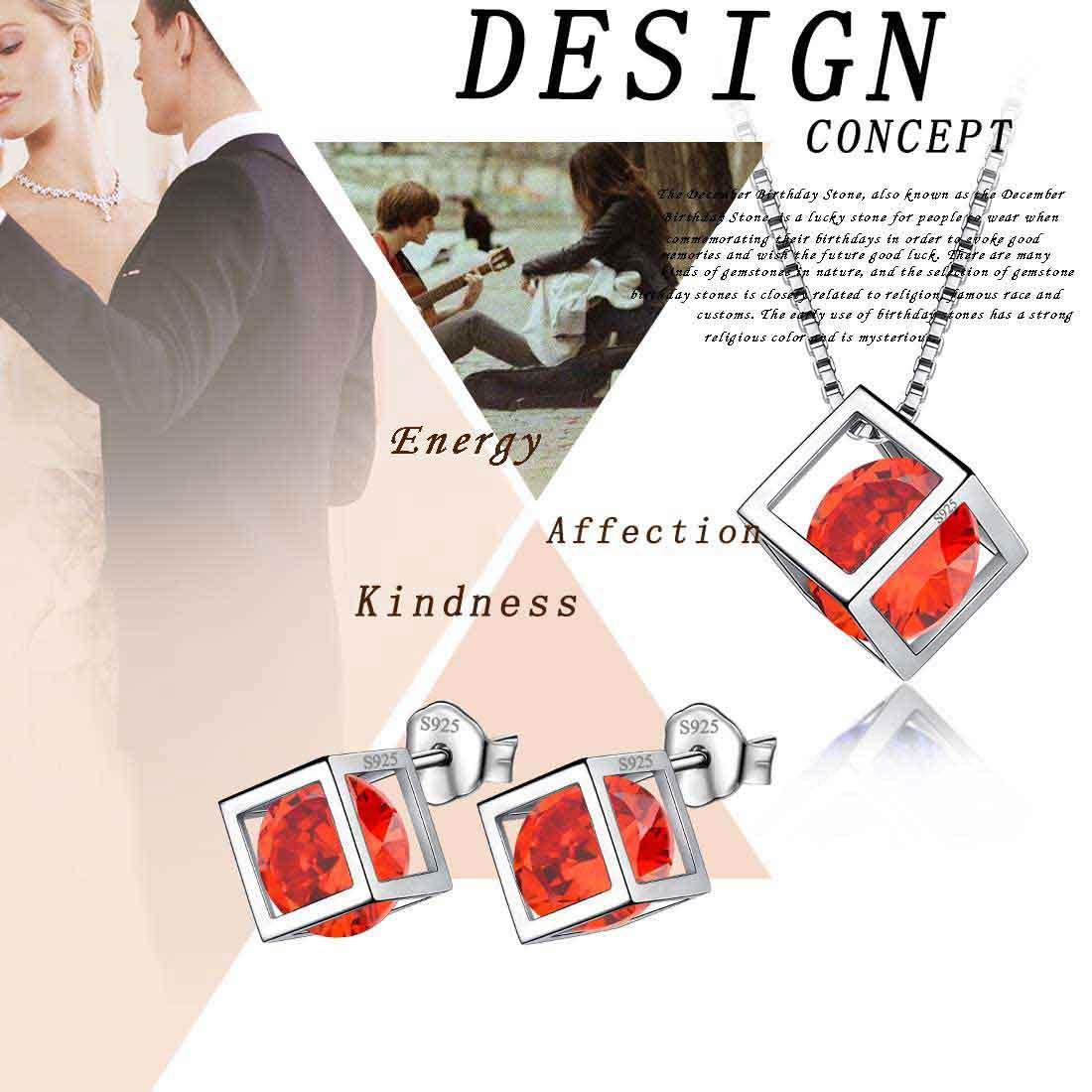 Tokyo Mart 3D Cube Birthstone January Garnet Jewelry Set 3PCS Women Girls Birthday Gift