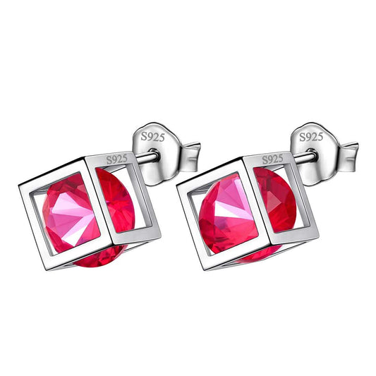 Tokyo Mart 3D Cube Birthstone July Ruby Earrings Stud Women Girls Jewelry Birthday Gift Sterling Silver