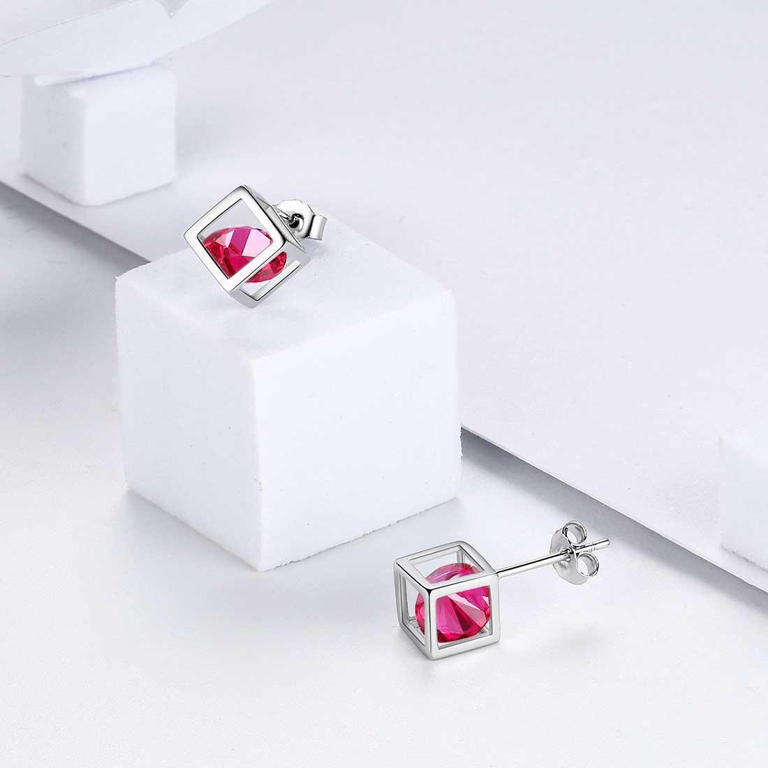 Tokyo Mart 3D Cube Birthstone July Ruby Earrings Stud Women Girls Jewelry Birthday Gift Sterling Silver