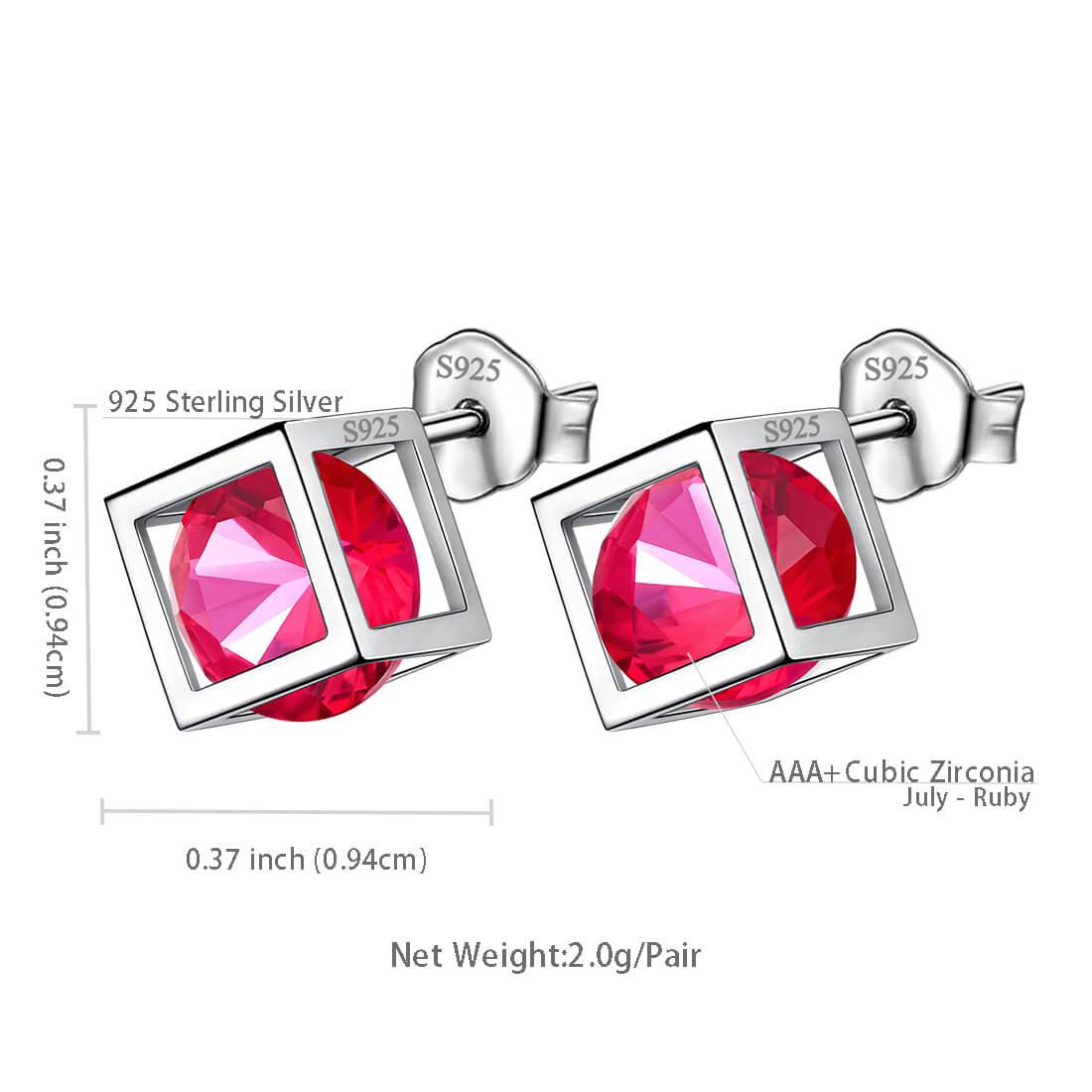 Tokyo Mart 3D Cube Birthstone July Ruby Earrings Stud Women Girls Jewelry Birthday Gift Sterling Silver