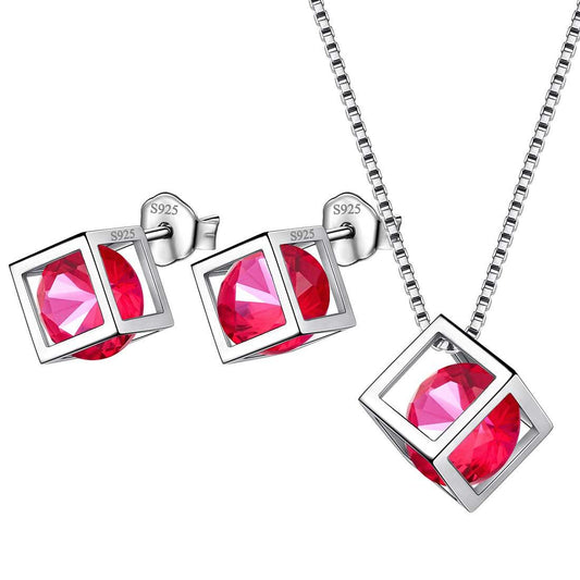 Tokyo Mart 3D Cube Birthstone July Ruby Jewelry Set 3PCS Women Girls Birthday Gift