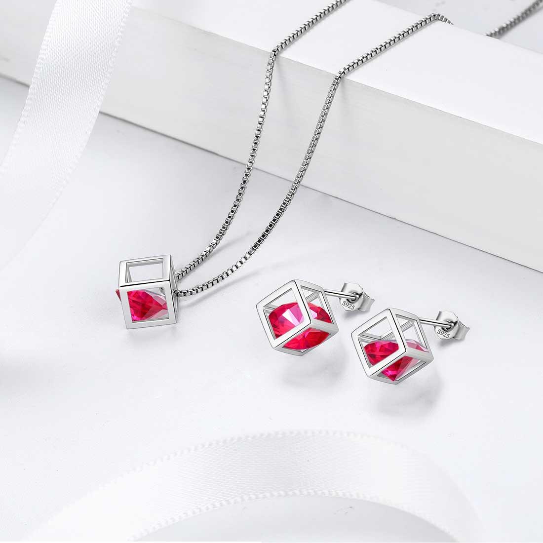 Tokyo Mart 3D Cube Birthstone July Ruby Earrings Stud Women Girls Jewelry Birthday Gift Sterling Silver