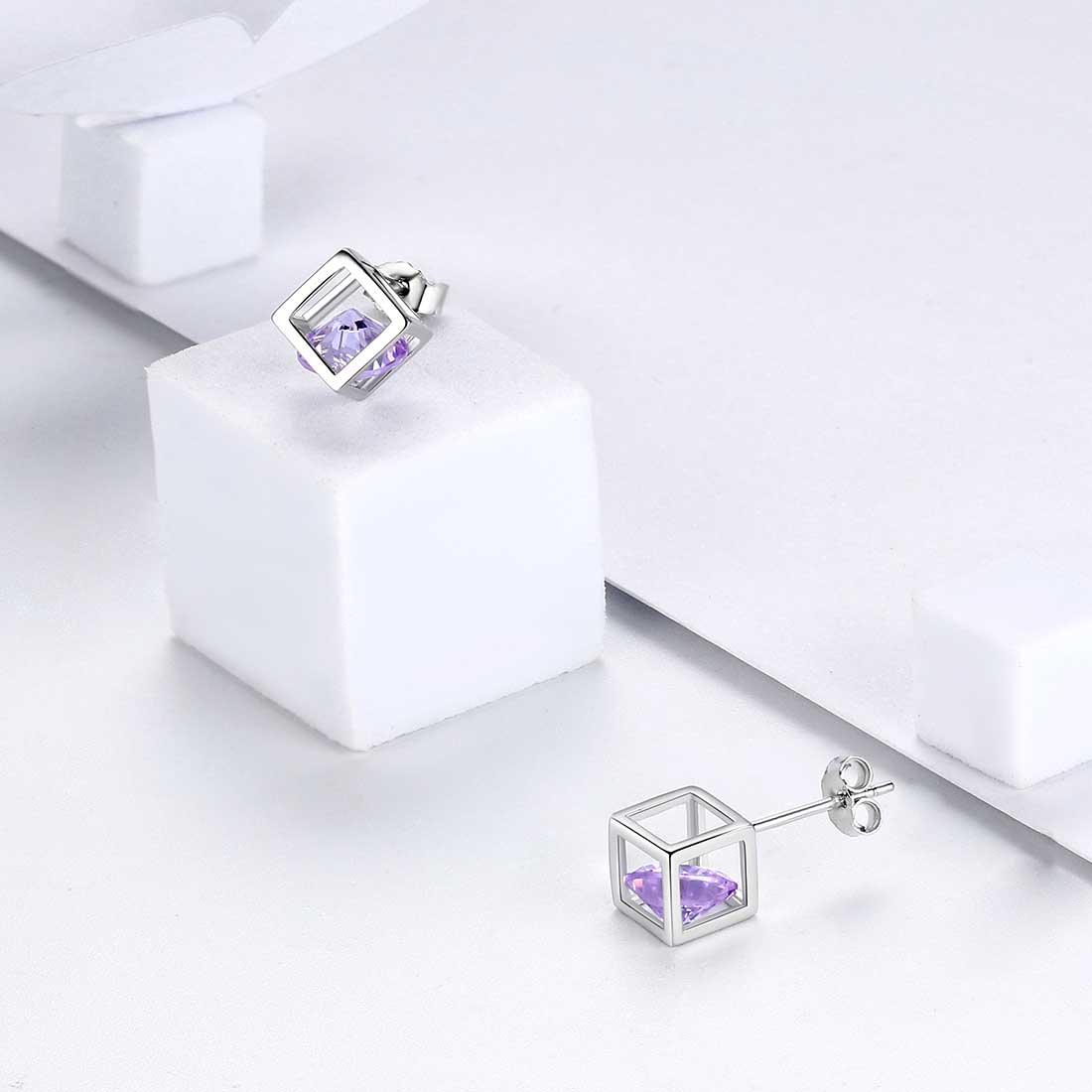 Tokyo Mart 3D Cube Birthstone June Alexandrite Earrings Stud Women Girls Jewelry Birthday Gift Sterling Silver