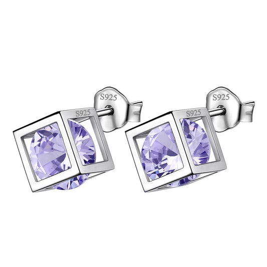 Tokyo Mart 3D Cube Birthstone June Alexandrite Earrings Stud Women Girls Jewelry Birthday Gift Sterling Silver