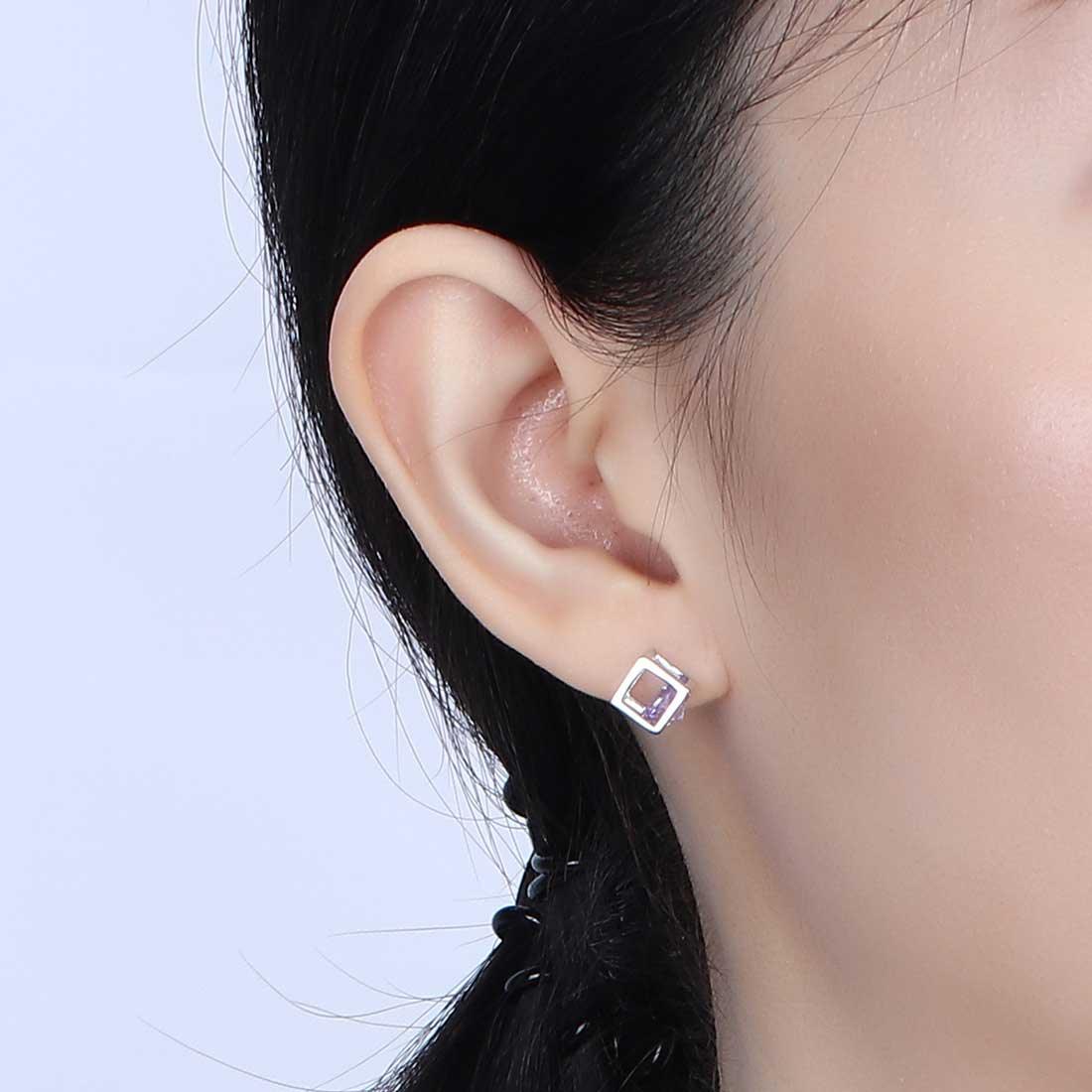 Tokyo Mart 3D Cube Birthstone June Alexandrite Earrings Stud Women Girls Jewelry Birthday Gift Sterling Silver