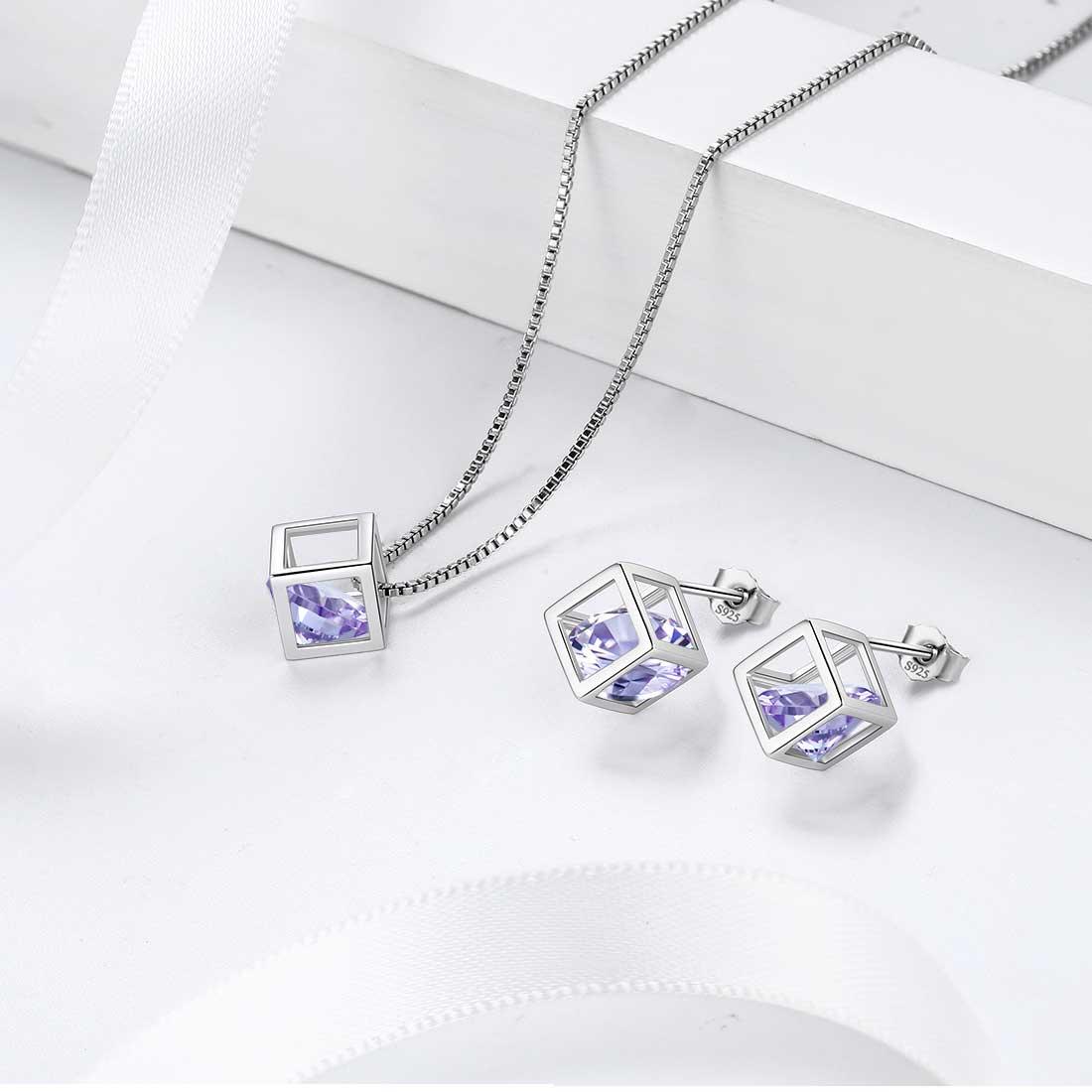 Tokyo Mart 3D Cube Birthstone June Alexandrite Necklace Pendant Women Girls Jewelry Birthday Gift Sterling Silver