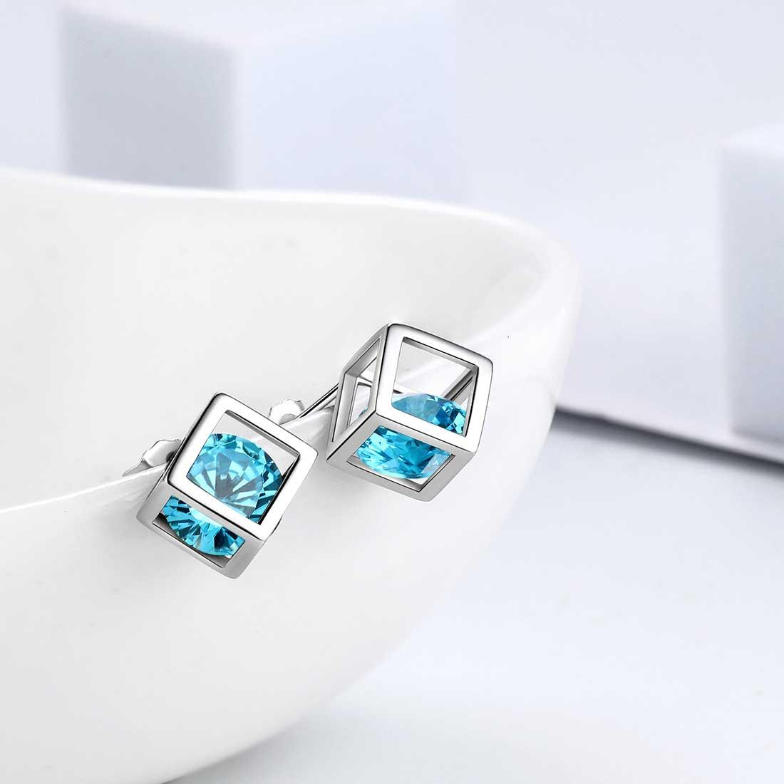 Tokyo Mart 3D Cube Birthstone March Aquamarine Earrings Stud Women Girls Jewelry Birthday Gift Sterling Silver