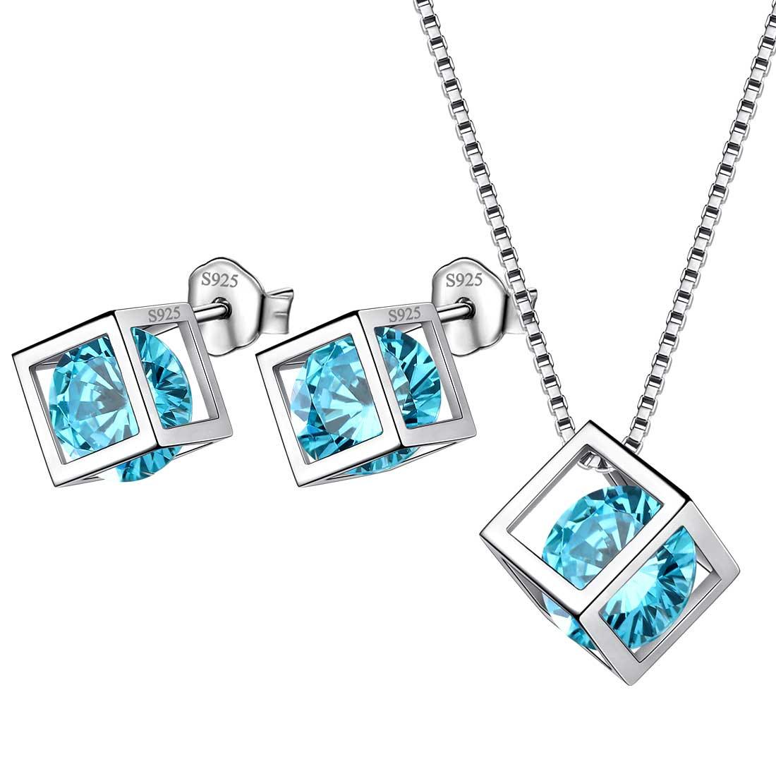 Tokyo Mart 3D Cube Birthstone March Aquamarine Jewelry Set 3PCS Women Girls Birthday Gift