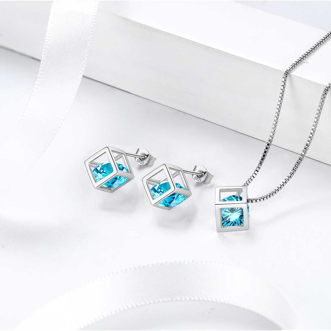 Tokyo Mart 3D Cube Birthstone March Aquamarine Earrings Stud Women Girls Jewelry Birthday Gift Sterling Silver